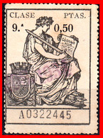 ESPAÑA  ( POLIZA FISCAL ) 9ª CLASE VALOR 0.50 PTAS. Nº A2163039 SERIE AÑO 1932-1939- CON EL ESCUDO CORONA MURAL - Fiscales