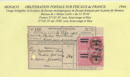 FISCAUX  MONACO OBLITERATION POSTALE SUR USAGE IRREGULIER DE  FISCAUX FRANCAIS N°240  1F Sur 1F60  ROSE 2 Ex - Steuermarken