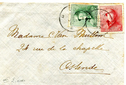 1920 Kleine Enveloppe Van SPA Naar OOSTENDE - Zie Aankomst Stempel 2 Talig - Zegels 10c + 5c - Na Te Kijken - 1919-1920 Behelmter König