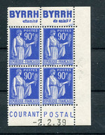 !!! 90C TYPE PAIX BLOC DE 4 AVEC BANDES PUBS BYRRH - POSTE ET COIN DATE NEUF ** - Unused Stamps