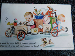Illustrateur John Wills, Couple D'enfants Déménagent Dans Une Voiture En Bois, 1932     (Z7) - Wills, John