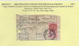 FISCAUX  MONACO OBLITERATION POSTALE SUR USAGE IRREGULIER DE  FISCAUX FRANCAIS N°137  5F ROSE - Steuermarken