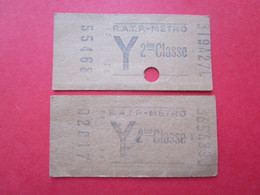 2 TICKETS Métro Autobus RATP - PARIS - 2° Classe  - Série Y - 1960/70 - TBE - Mondo