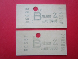 2 TICKETS Métro Autobus RATP - PARIS - 2° Classe  - Série B - 1960/70 - NEUF - Mundo