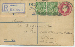 GB 1926 „BELFAST“ Very Fine GV 4 ½d PS Registered Letter Uprated W GV 1/2d (2 X – Rare Perfins: „TD / & S“) To PARIS - Perfins