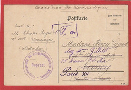 Carte En FM Du Camp De Munsingen Vers Paris (Envoi De Charles Royer) Postprüfungsstelle 1917 - 1. Weltkrieg 1914-1918