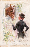 A928-   WOMAN FEEDING THE HORSE SIGNED USABAL USED VINTAGE POSTCARD - Usabal