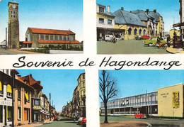 57 Hagondange Carte 4 Vues Souvenir Gare SNCF Eglise Paroissiale Rue De La Gare Hotel De Ville Cachet Hagondange 1976 - Hagondange