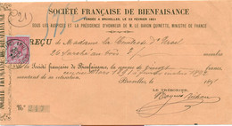 Soc. Française De Bienfaisance - Reçu De Mme La Comtesse D'Ursul La Somme De 20 Fr. - 1891 - 1800 – 1899