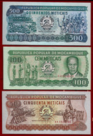 MOZAMBIQUE BANKNOTE - LOT OF 3 NOTES - 500 METICAIS 1986, 100 MT 1989, 50 MT 1986 UNC (NT#01) - Mozambique