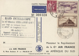 Cachet Raid Interrompu 17 2 35 Appareil Ramené Avec Courrier à Porto Praia CP 1er Vol Postal Sans Escale France Amérique - Unfallpost