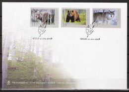 Norway Norge 2008 Animals, Moose, Bear, Wolf, Mi 1637-1639,  FDC - Covers & Documents