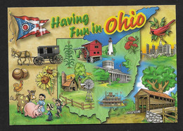 Having Fun In Ohio Etats Unis Amérique / Carte Postale Avec Illustration Map Carte Géographique - Carte Geografiche