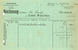 Merscheid Bei Solingen Ohligs Rechnung 1909 " Emil Melcher Seifen Öle Kolonialwaren " - Alimentaire