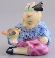 Herendi Kínai Gyerek Figura Madárral. Kézzel Festett, Jelzett, Hibátlan / Hand Painted Porcelain Chinese Boy With Bird.  - Other & Unclassified