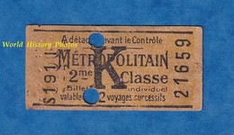 Ticket Ancien De Métro - S 191 I - 2ème Classe - K - Métropolitain - Valable Pour 2 Voyages Succéssifs - 21659 - Paris - Non Classificati