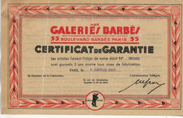 FRANCE  CERTIFICAT De GARANTIE DES GALERIES BARBES 1937 - Druck & Papierwaren