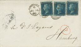 GB 1860 QV 2d Blue Pl.8 (3x, LB, KF, MD - VARIETY LB With Damaged „G“ Of POSTAGE - Lettres & Documents