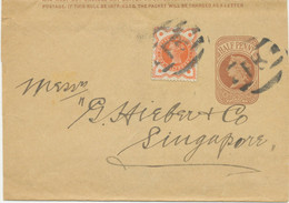 GB 189? QV 1/2 D Wrapper Uprated W 1/2 D Jubilee With VARIETY Framebreak, To SINGAPORE - Rare Destination - Storia Postale