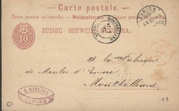 Marque D'entrée Allemagne-Belfort 7 Oct 1880 Sur Entier De Zurich Pour Montbéliard - Entry Postmarks
