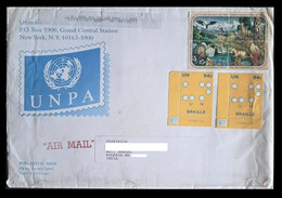 157. UNITED NATIONS USED REGULAR AIRMAIL ENVELOPE COVER FROM UN TO INDIA WITH BRAILLE , FLORA &  FAUNA  STAMP. - Airmail