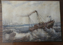 BATEAU A AUBES AQUARELLE REMORQUEUR 1912 Souvenir Mariage Ferdinand Des Ternes, Aquarelle Et Crayon, En 25 Sur 18 Cm - Kunst