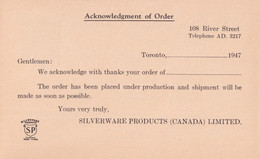 CANADA - 1947 - ENTIER POSTAL Avec REPIQUAGE PRIVE - CARTE AVIS DE RECEPTION De COMMANDE SILVERWARE PRODUCTS De TORONTO - 1903-1954 Reyes