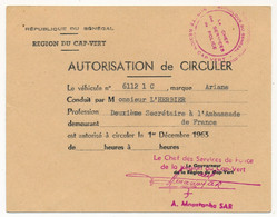 SENEGAL - Région Du Cap-Vert - Autorisation De Circuler - Véhicule Ariane - 1963 - Auto's