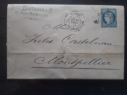 Lettre De PARIS Bourse 10 Octobre 1870  Etoile / CERES Siege No 37, 20 C Expédiée Le 18 Février 1871 ! > Montpellier, TB - War 1870
