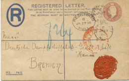 GB 1906 EVII Superb 3D PS Registered Envelope (format G) HULL-BREMEN UNDERPAID - Covers & Documents