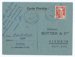 2140 - Carte Postale Publicitaire Gandon 12 Frs 1952 Cachet Hexagonal Wolschwiller L'abbé Arnold Lutter  Rixheim Sutter - 1921-1960: Modern Period