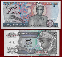 ZAIRE BANKNOTE - 2 NOTES 5 NEW ZAIRE 1993 + 5 ZAIRE 1985 UNC (NT#01) - Zaire