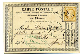 Carte Précurseur  Avec Cerès  N° 55 + Losange  336 BASSOU Sur Yonne  Pour Chablis  En 1875(T 163) - Cartes Précurseurs