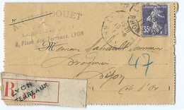 2117 - Carte Lettre 1911 Recommandé Vignette Lyon Terreaux Huissier CHAUDOUET Schlumpf Pour Dijon Mahault Semeuse 35c - 1877-1920: Semi Modern Period