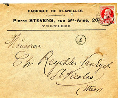 1909 Enveloppe Van PIERRE STEVENS Verviers - Fabrique De Flanelles Met Zegel Nr 74 10c - 1905 Thick Beard