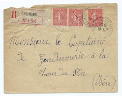 2036 - Lettre Recommandée Recommandé Crémieu Semeuse Pour Gendarmerie La Tour Du Pin 38 - 1921-1960: Periodo Moderno
