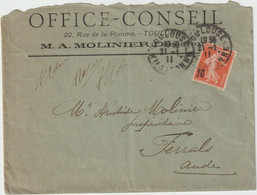 4139 Lettre 1911 OFFICE CONSEIL MOLINIER à TOULOUSE Pour Ferrals - 1877-1920: Période Semi Moderne