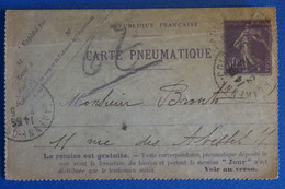 M7 FRANCE BELLE CARTE PNEUMATIQUE 1912 PARIS + AFFRANCH. INTERESSANT - Other & Unclassified