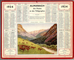 CALENDRIER GF 1934 - Pâturages Pyrénéens, L'Abreuvoir, Imprimeur Oberthur Rennes - Grand Format : 1921-40