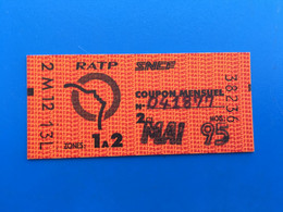 Mai 95 -Ticket Billet Métro-Bus-Train-S.N.C.F✔️R.A.T.P-☛Régie Autonome Transport Parisien-Train-Métropolitain-Zone 1/2 - Europe