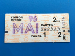 Mai-96 Ticket Billet Métro-RER-Bus-Train-S.N.C.F✔️R.A.T.P-☛Régie Autonome Transport Parisien-Train-Métropolitain-Coupon - Europe