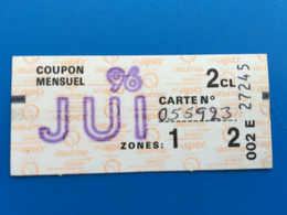 Juin-96 Ticket Billet Métro-RER-Bus-Train-S.N.C.F✔️R.A.T.P-☛Régie Autonome Transport Parisien-Train-Métropolitain-Coupon - Europe