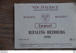 ETIQUETTE D'ALASCE RIESLING HURST HEIMBURG 1990 - Riesling