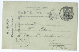 2159 - Carte Postale Entier Postal Sage 10c 1898 Cachet Paris Pour Lyon Piton BURCK Passage Saulnier - Standaardpostkaarten En TSC (Voor 1995)