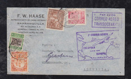Colombia 1939 AIRMAIL FFC First Flight Cover BRANQUILLA To BREMERHAVEN Germany 1er Correo Aero Colombia Nueva York Europ - Kolumbien