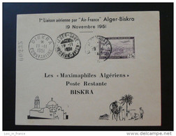 Lettre Premier Vol First Flight Cover Alger Biskra Air France 1951 - Storia Postale