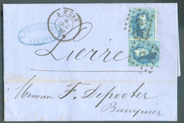 N°15(2) - Médaillons 20 Centimes Bleus (2ex.)  Obl. LP. 12 Sur Lettre De ANVERS le 6 Octobre 1865 En Quadruple Port Vers - 1863-1864 Medallions (13/16)