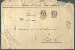 N°77(2) - 35 Centimes Grosses Barbes (x2) Obl. Sc BRUXELLES 3/10 Sur Lettre ASSURE (valeur 8000 Frs) Du 3 Avril 1908 Ver - 1905 Thick Beard