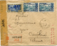 GUYANE FRANCAISE LETTRE RECOMMANDEE CENSUREE DEPART CAYENNE 10-4-45 GUINEE FRANCAISE POUR LA FRANCE - Cartas & Documentos