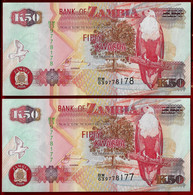 ZAMBIA BANKNOTE - 2 NOTES 50 KWATCHA 2008 RUNNING NUMBERS P#37g UNC (NT#02) - Zambia